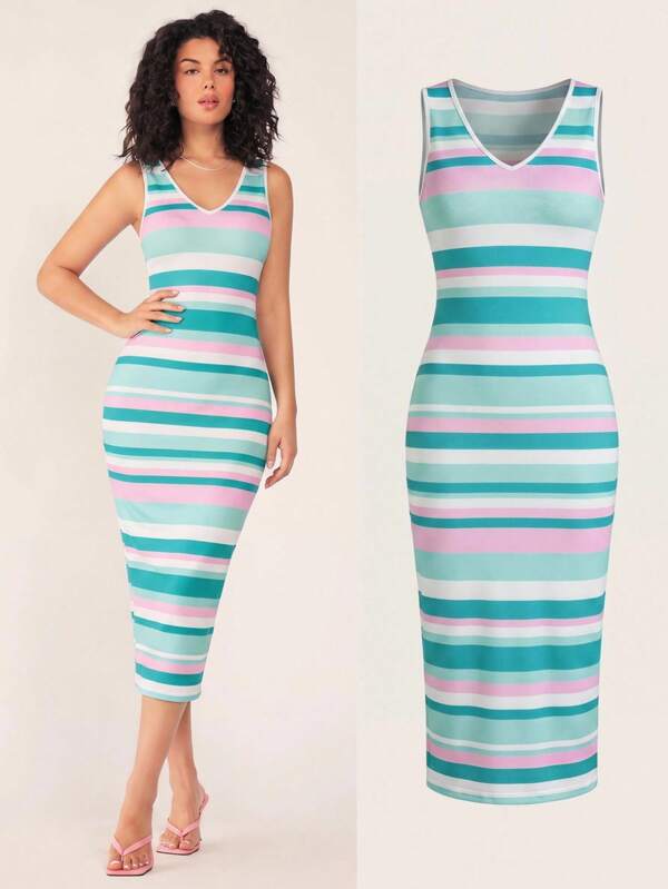 SHEIN BASICS فستان نسائي قصير ضيق بدون أكمام بياقة على شكل حرف V وطبعة خطوط متباينة، إطلالة صيفية للنساء