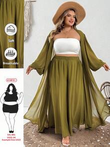 SHEIN CURVE+ Bộ đồ thường ngày cho nữ size lớn gồm áo quây camisole màu trơn, áo choàng màu trơn và quần ống rộng cạp chun - màu xanh lá - Xem 1