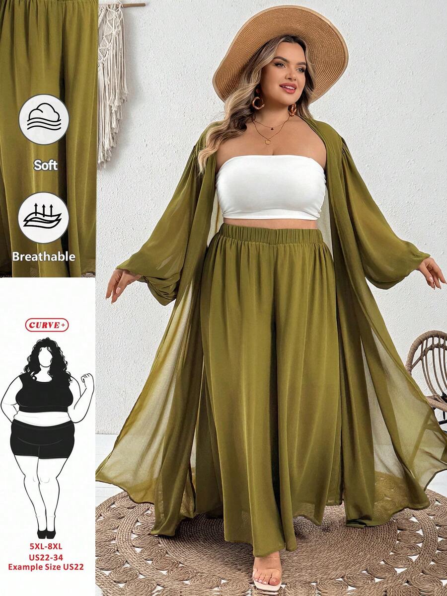 SHEIN CURVE+ Bộ đồ thường ngày cho nữ size lớn gồm áo quây camisole màu trơn, áo choàng màu trơn và quần ống rộng cạp chun - màu xanh lá - Xem 1