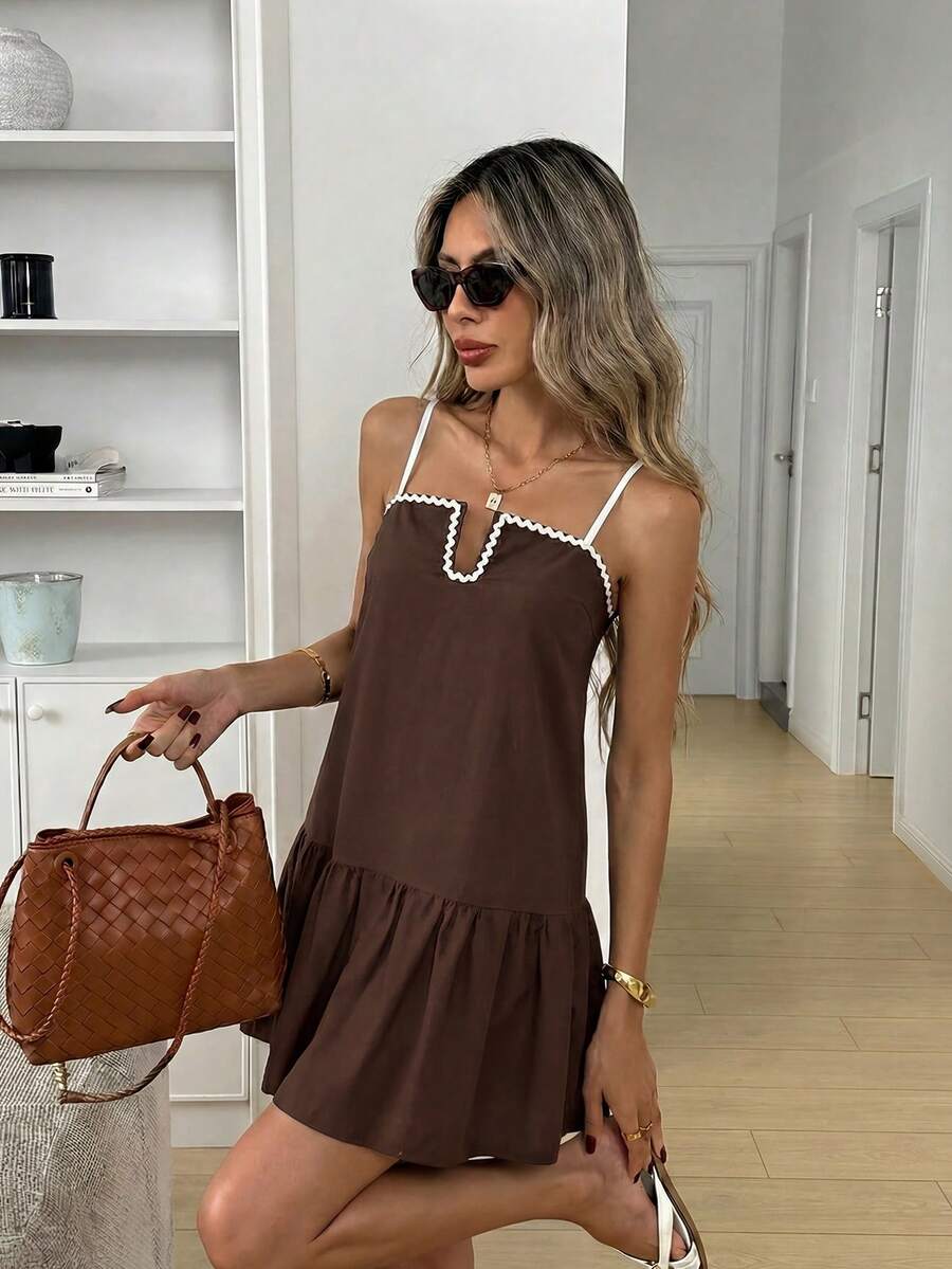 Easowa Gaun A-Line Berpotongan A dengan Blok Warna dan Hem Bergelombang, Gaun Mini Gaya Vintage Kasual Longgar Elegan untuk Wanita, Gaun Liburan Musim Semi/Panas Bergaris Cokelat - Coklat - View 1