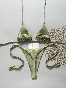 Swim Vcay 女款夏季海灘度假塗鴉印花掛脖綁背性感丁字褲比基尼套裝 - 綠色 - 查看 2