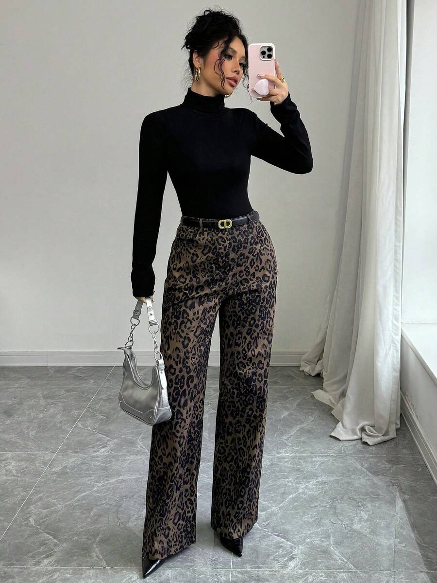 SHEIN Raffinéa Leopard Print Straight Leg Casual High Waist Loose Wide Leg Cargo Pants - Multicolor - View 1