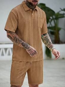 Genlund 男士 Polo 衫與短褲套裝，針織休閒日常穿著，世界盃、度假 - 卡其色 - 查看 4