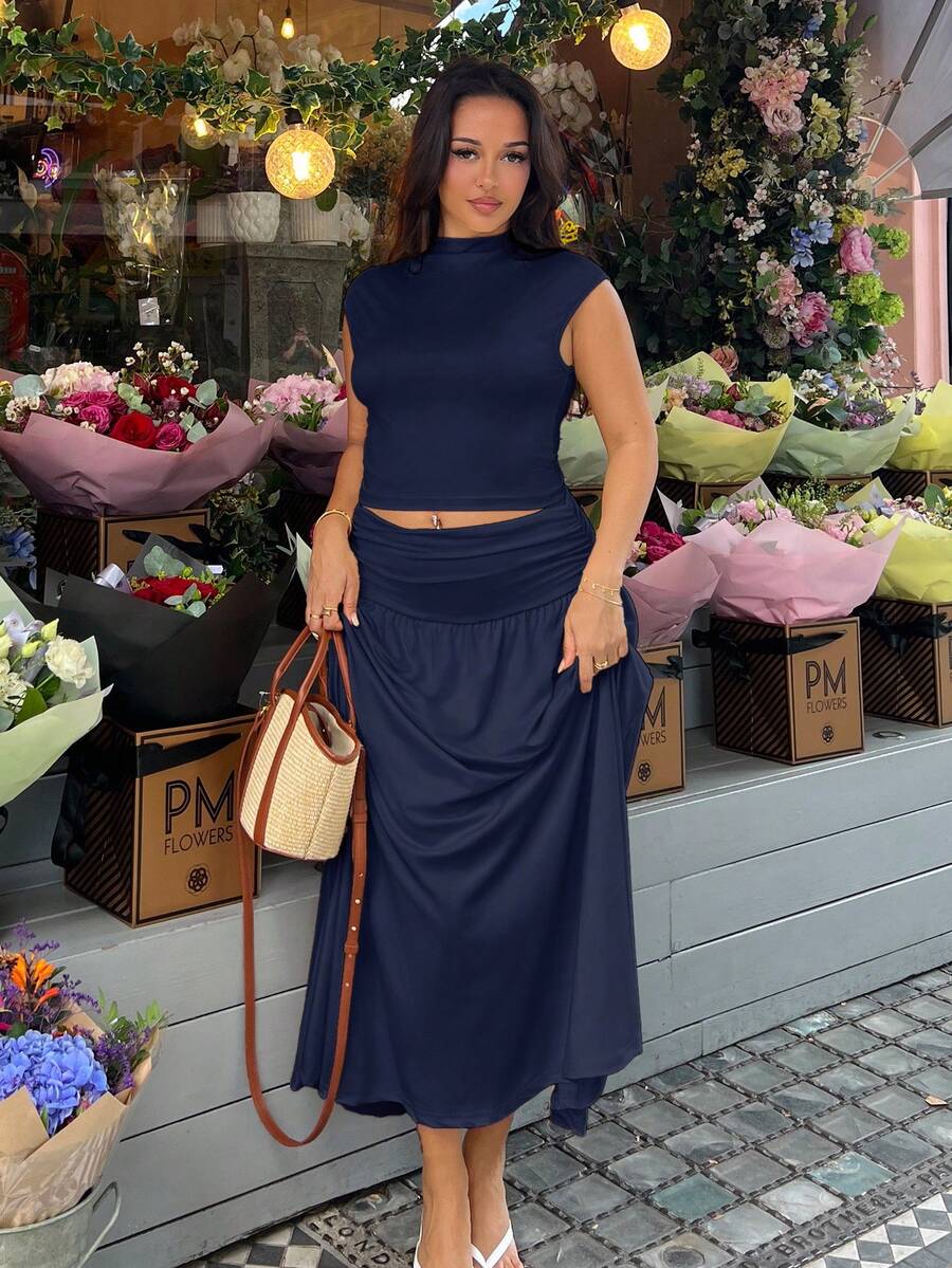 NegzBox Light Yellow 2 Pieces Set: Stand Collar Top & Fitted Skirt Summer - Navy Blue - View 1