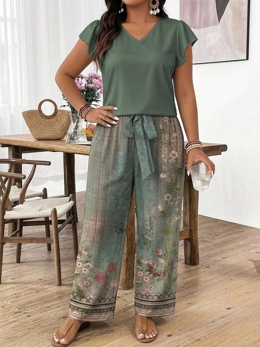 Lounesse Plus Size Casual Solid Color Top And Floral Print Pants 2-Piece Set - Multicolor - View 1