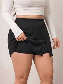 Enliva Falda corta casual de línea A de unicolor negro para mujer de talla grande, amigable con las curvas del Body redondeado, apta para el invierno, compatible con la forma del Body redondeado tipo manzana - Negro - Ver 6