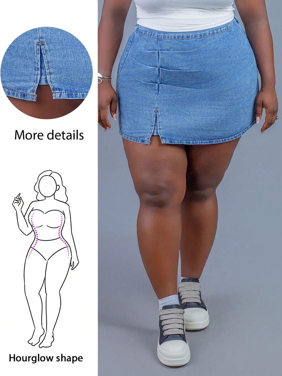 CurvyTilda 大尺碼夏季休閒水洗牛仔裙女款牛仔裙,適合沙漏型身材 - 藍色 - 查看 1