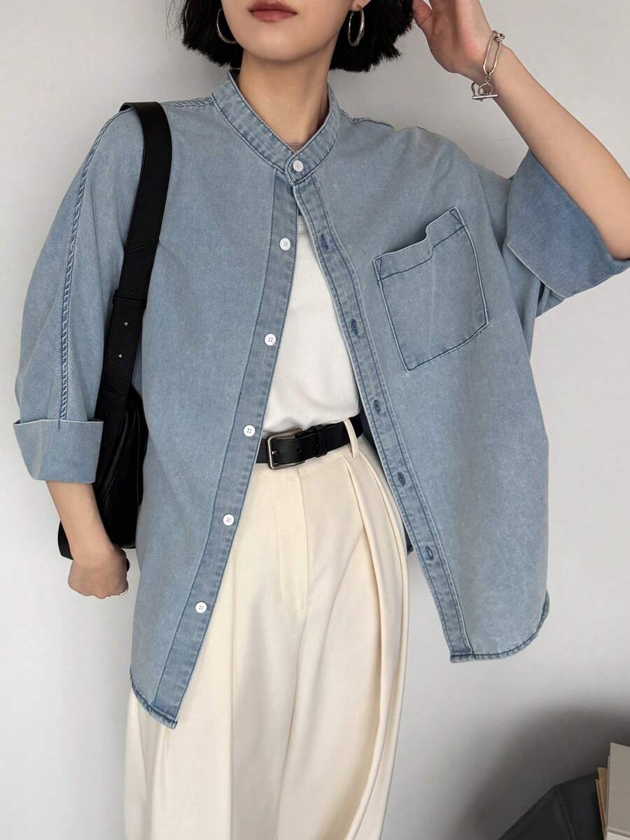 FRIFUL 女款單排扣休閒寬鬆口袋牛仔上衣 秋季 - 藍色 - 查看 1