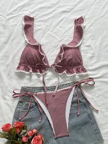 Swim Mod 女款甜美可愛格紋印花荷葉邊白色蕾絲比基尼上衣與側綁帶三角泳褲休閒海灘度假泳裝套裝 - 酒紅色 - 查看 3