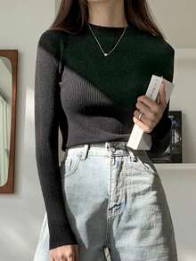 DAZY Mock Neck Ribbed Knit Jumper - Black - View 5
