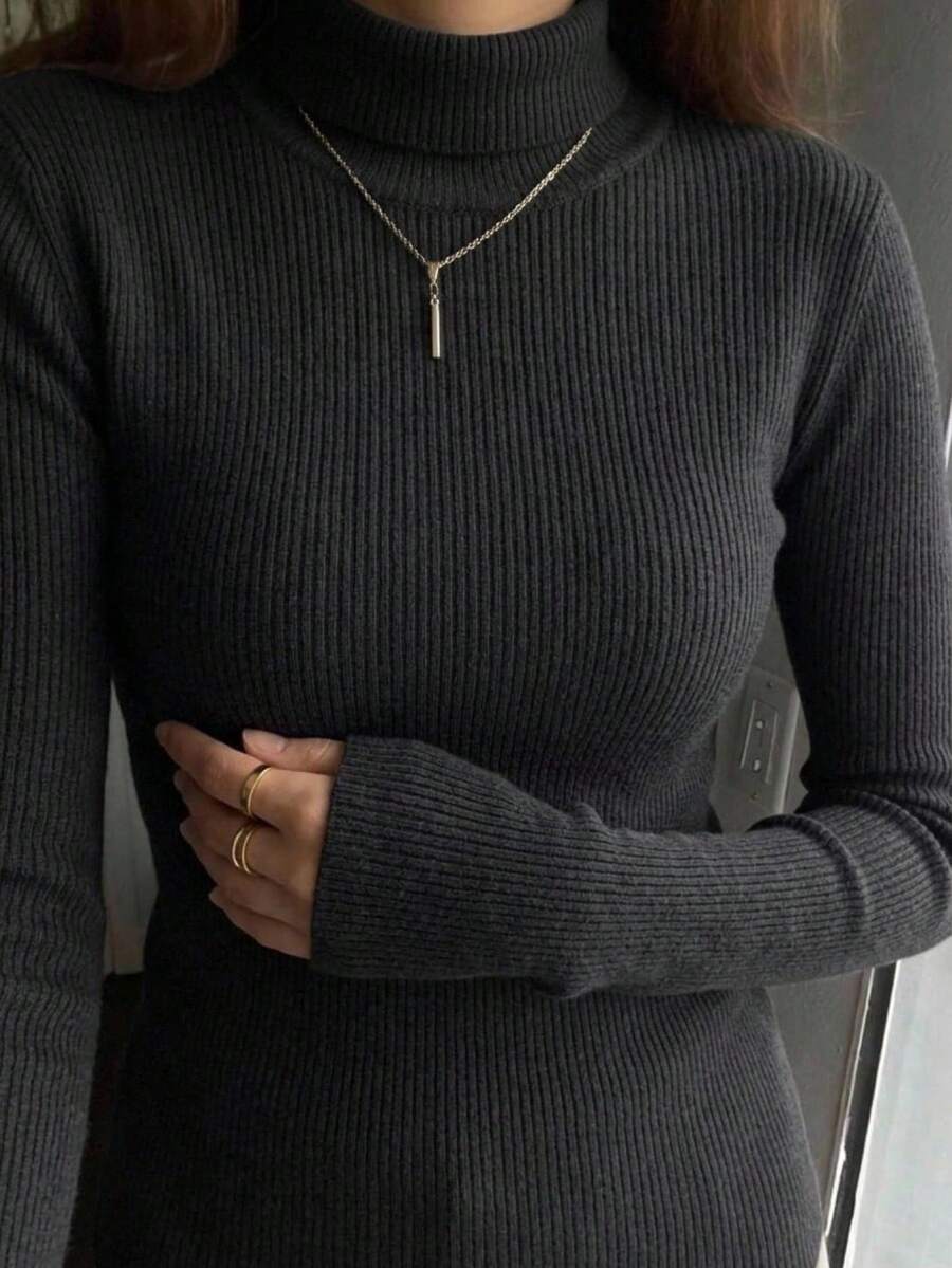 DAZY Ribbed Knit Turtleneck Jumper - Black - View 1
