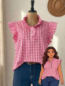 Rusticease Plus Size Women Plaid Ruched Casual Versatile Daily Wear Shirt  Summer Spring Clothing Country Style For Women - Hot Pink - View 1
