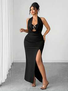 Elenzga Plus Size Women Sexy Deep V-Neck Draped Long Backless Dress Cocktail Black Summer - Black - View 3