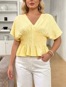 SHEIN LUNE Plus Size Women's Light Yellow V-Neck Blouse, Summer Vacation Elegant - Yellow - View 2