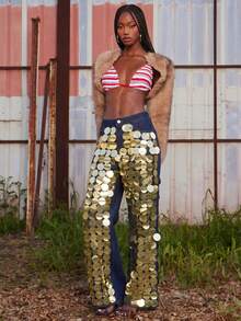 NYA SZN Women's Sequin Design Straight Loose Fit Fashion Jeans - Dark Wash - View 4