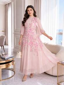 Auveirra Plus Size Women Elegant Floral Print Tie Neck Dress Sundress Pink - Pink - View 1