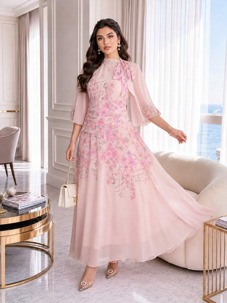 Auveirra Plus Size Women Elegant Floral Print Tie Neck Dress Sundress Pink - Pink - View 1