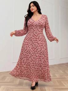 Feyla Plus Size Floral Print V-Neck Lace Patchwork Elegant Long Sleeve Dress Fall - Pink - View 5