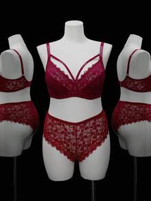 SHEIN 2pcs Set Bra & Celana Dalam Berkawat Transparan Warna Polos Motif Renda Ukuran Plus, Set Pakaian Dalam Merah, Set Pakaian Dalam Merah Marun, Set Bra dan Celana Dalam yang Serasi, Pengangkat Payudara - Burgundy - View 5