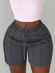 Slaydiva Summer Casual Sports Front Toothpick Pleat Design Five-Quarter Pants Cycling Pants Sweatpants Light Gray Women's Shorts - Dark Grey - View 5
