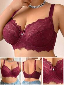 DesireSculpt Christmas Lace Patchwork Plus Size Underwire Bra - Burgundy - View 3
