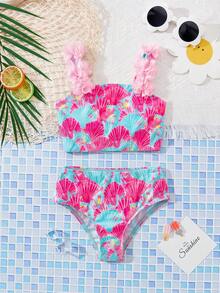 SHEIN 女童针织贝壳图案3D立体花卉可爱吊带背心和泳裤两件套 - 彩色 - 查看 2