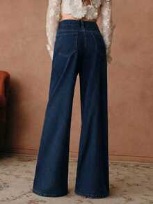 Anewsta Women's Elegant High-Waisted Embroidered Hollow-Out Loose Wide-Leg Jeans, Suitable For Spring Valentine's Day Party - Dark Wash - View 2