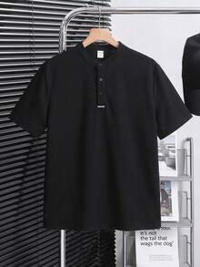 SHEIN 青少年男童休闲条纹撞色针织宽松 Polo 衫 - 黑色 - 查看 3