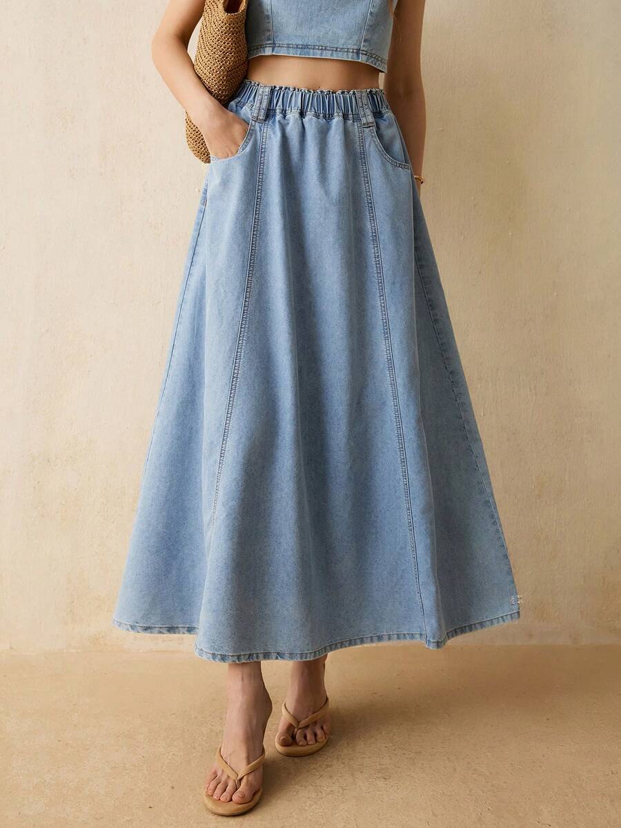CielaLinda Chân váy denim dài maxi nữ có túi - Màu xanh nhạt - Xem 1