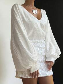 Livesso Blusa de gasa blanca para verano y otoño, vestido de noche elegante de manga larga para boda, brunch, banquete y baile, camisa de oficina para mujer, ropa de vacaciones - Blanco - Ver 2