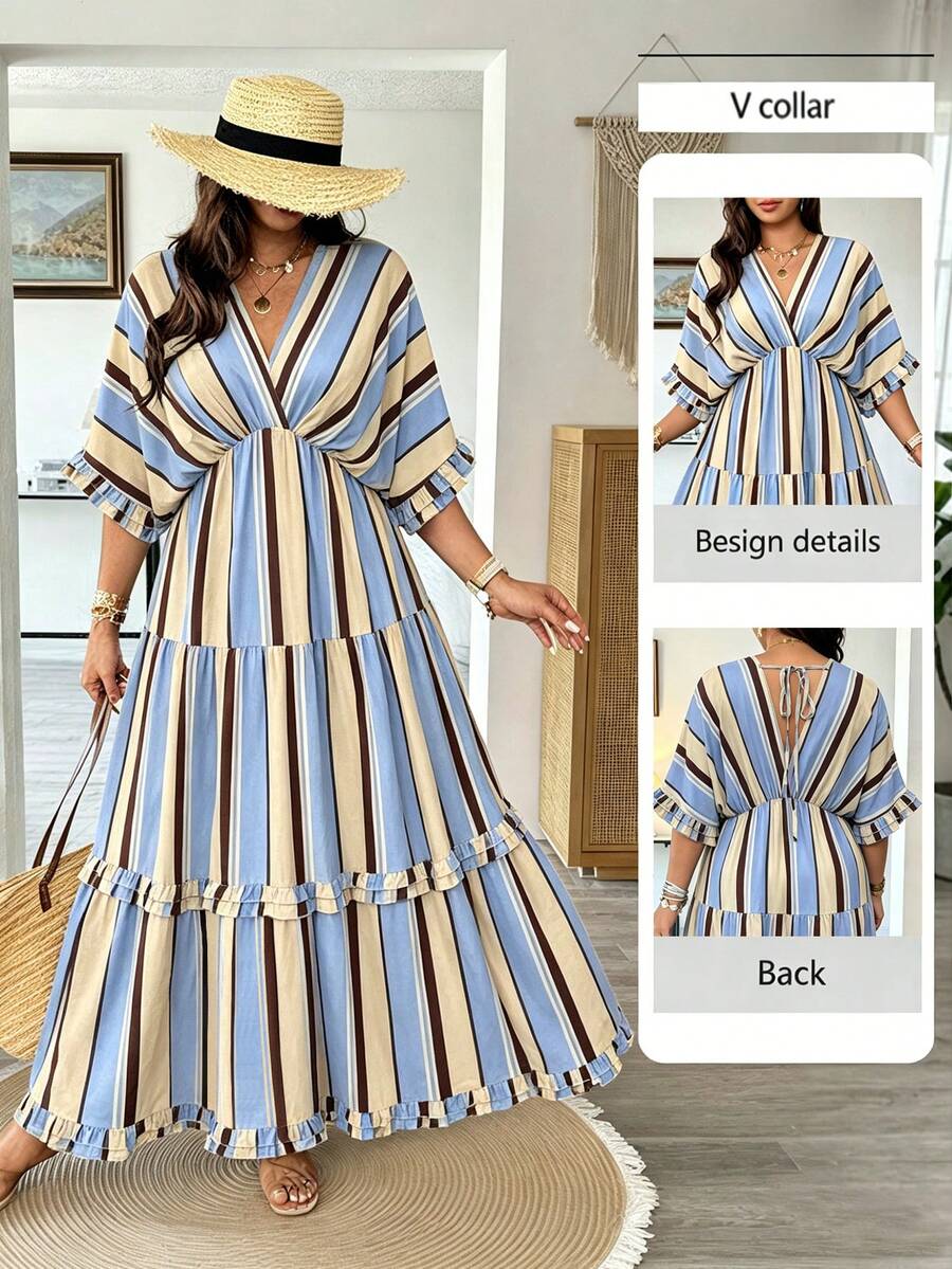 Vionelle Plus Size Women Elegant Boho Navy Blue Ruffle Hem Loose Long Dress, Spring/Summer Beach Vacation - Blue - View 1