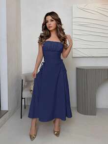 Vestido de mujer con tirantes en X de un solo color - Verde militar - Ver 5