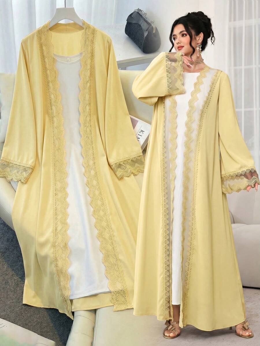 Al Najma Elegant Fashion Floral Trim Abaya Robe, Suitable For Spring And Summer - Yellow - View 1