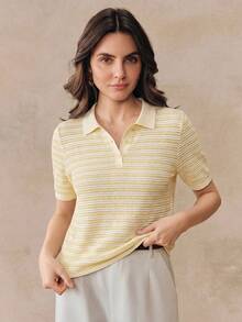 2026 Camisetas de punto de manga corta con cuello medio de rayas de alta calidad y nueva moda de verano, talla estándar para mujer, tops lindos - Amarillo - Ver 6