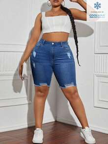 SHEIN SXY Plus Size Distressed Versatile Denim Shorts - Dark Wash - View 3