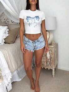 INAWLY Women's Bow Print Round Neck Short Sleeve Cropped T-Shirt - White - View 5