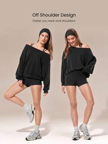 GLOWMODE Sudadera de hombros descubiertos de modal suave y talla grande, casual para uso diario, primavera y verano - Negro - Ver 3