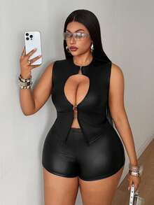 Maweii Bộ crop top và quần short ôm sát chất liệu PU móc lỗ rỗng quyến rũ mới cho mùa hè, trang phục gợi cảm - màu đen - Xem 5