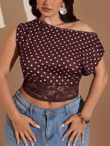 SHEIN BAE CURVE Áo kiểu dáng thanh lịch, cổ xéo, hở vai, phối ren, eo thon. - Màu Đỏ Sâu - Xem 5
