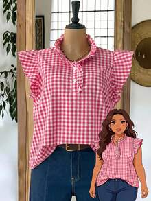 Rusticease Plus Size Women Plaid Ruched Casual Versatile Daily Wear Shirt  Summer Spring Clothing Country Style For Women - Hot Pink - View 3