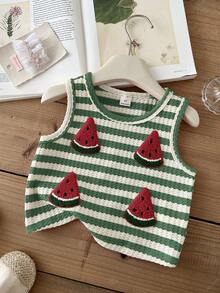 SHEIN LMoss Kids 女童西瓜图案条纹圆领休闲背心 - 綠色 - 查看 5