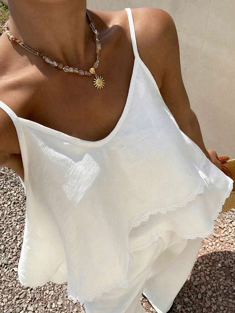 Women's Summer Lace Patchwork Camisole Top And Loose Straight Leg Pants 2 Pieces Set