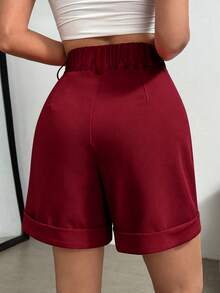 SHEIN Clasi Plus Size Women's Solid Color Pleated Pocket Casual Shorts - Burgundy - View 2