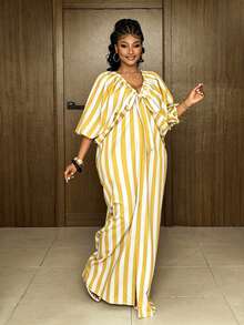 Maweii Plus Size V-Neck Puff Sleeve Bow Striped Vacation Dress Fall - Multicolor - View 7