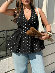 Lounesse Plus Size Women V-Neck Polka Dot Design Fashion Tie-Up Waist Flared Hem Sleeveless Top, Versatile White Base Black Dot - Black - View 5