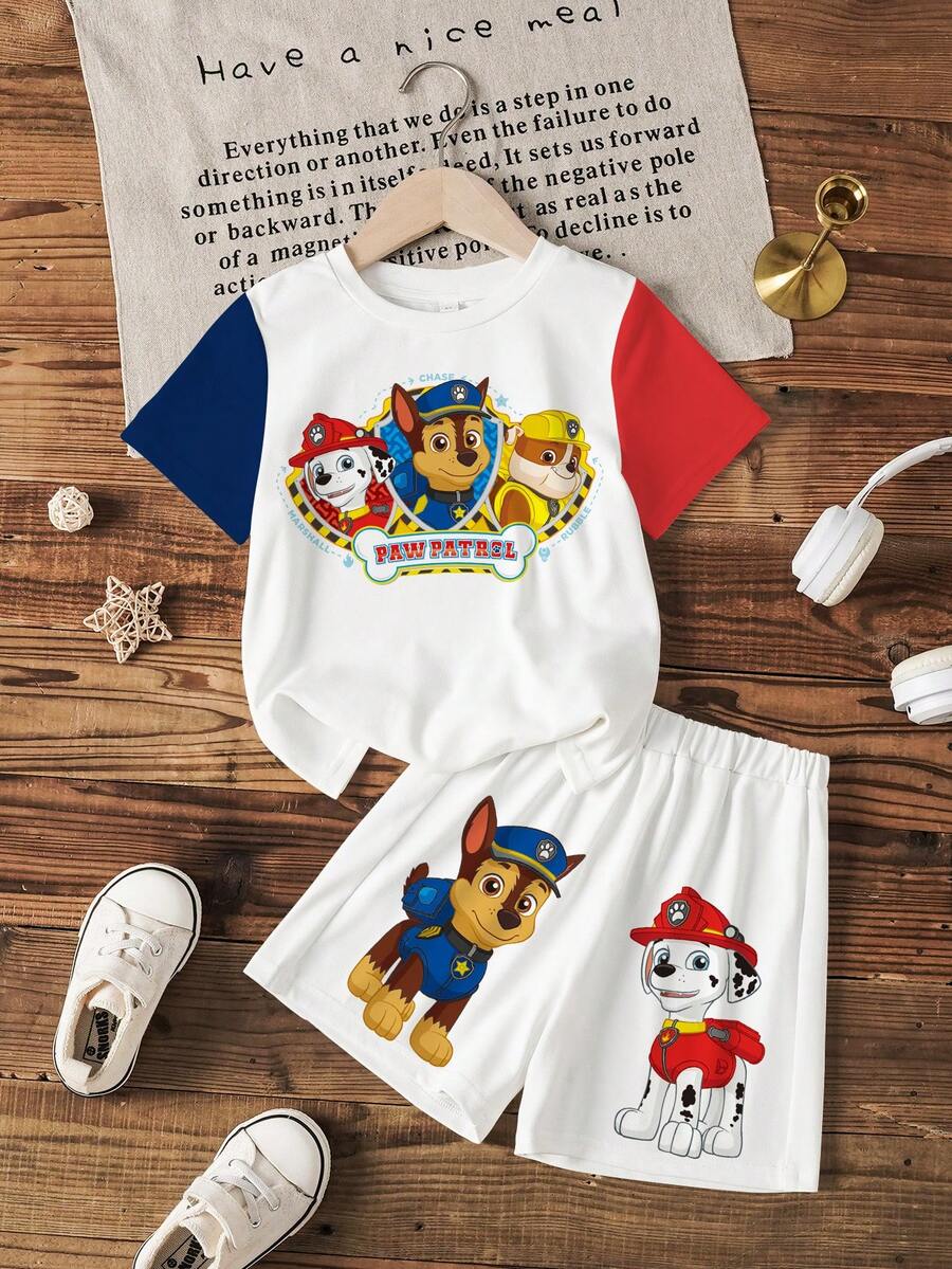 SHEIN | PAW Patrol 2件套男童撞色卡通印花圆领短袖T恤和松紧腰短裤套装 - 白色 - 查看 1