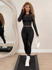 BamGleam Flocked & Mesh Patchwork Drawstring Hoodie And Pants Seamless Sports Suit Workout Women Set Women Leggings Set - Black - View 1