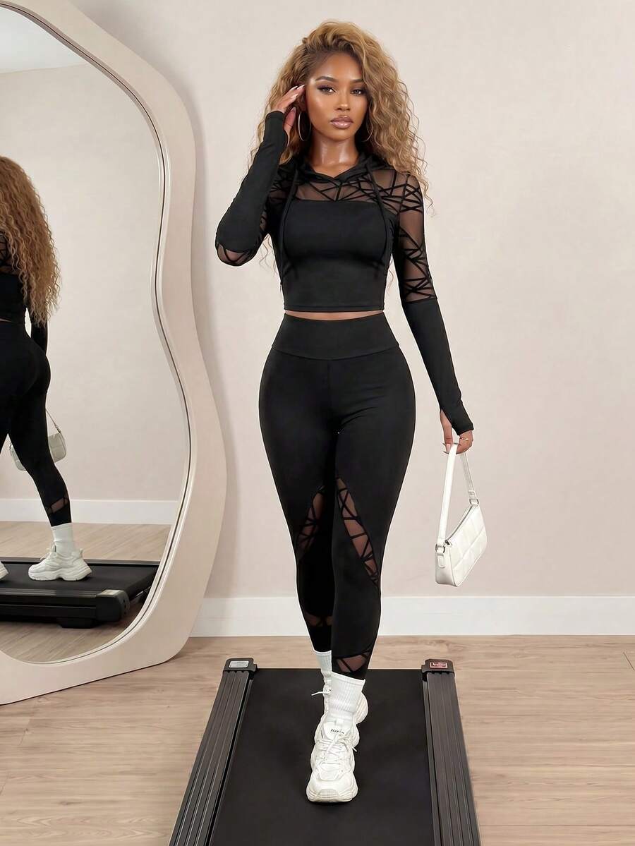 BamGleam Flocked & Mesh Patchwork Drawstring Hoodie And Pants Seamless Sports Suit Workout Women Set Women Leggings Set - Black - View 1