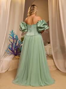 Glamrae Plus Size Light Green Satin Patchwork Chiffon Mermaid Luxury Crystal Decor Vintage Romantic Formal Gown (With 3D Shawl Included) - Mint Green - View 2