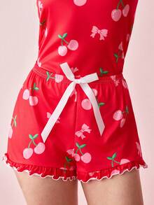 Bonmuse Damen Kirschgrafik Cami-Top mit Schleifenbändern und Rüschen-Details an Shorts, Sommer Pyjama-Set - Verschiedenfarbig - Übersicht 7